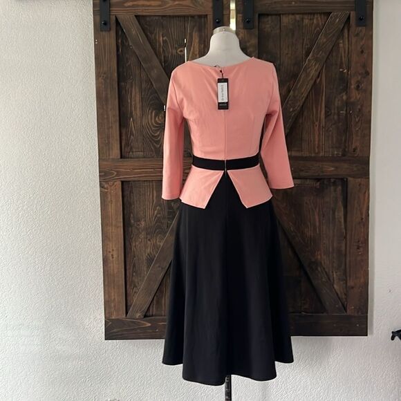 VFSHOW Zipper Front Color Block Peplum Flared Midi Dress for Work Business - Picture 8 of 14